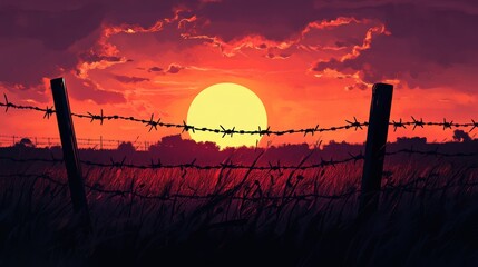 The sun sets, bathing a barbed wire fence in a warm glow.