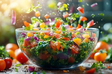 Sticker - Fresh Tomato and Kale Salad Photo - Vegetables Flying in Slow Motion