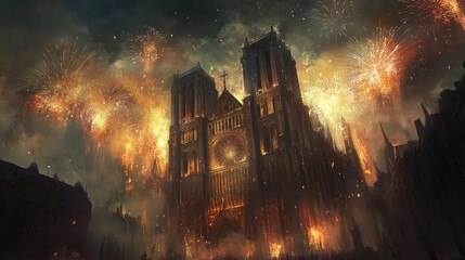 Fireworks above a grand cathedral, with the historic structure bathed in the glow of the explosions