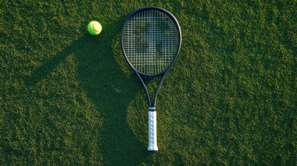 Top view of a tennis racket and ball resting on green grass.