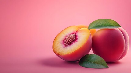 Wall Mural - Juicy Peach Photo - Vibrant Pink Background with Peach Slices and Leaves