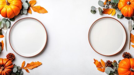 This elegant autumnal wedding table setting showcases vibrant pumpkins, white plates, and green eucalyptus garlands on a stylish gold tabletop, offering a minimalist aesthetic