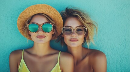 An eye-catching photo of two women in straw hats and sunglasses, standing side by side against a vibrant turquoise wall, portraying a fun and stylish summertime vibe.