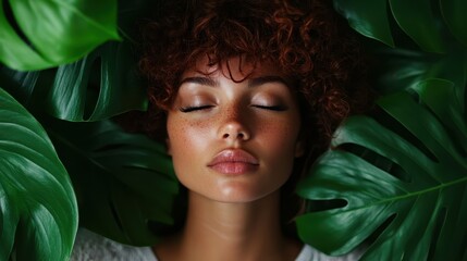 Wall Mural - A serene portrait of a woman with curly hair and freckles sleeping peacefully while being surrounded by lush green foliage leaves, emphasizing tranquility and connection to nature.