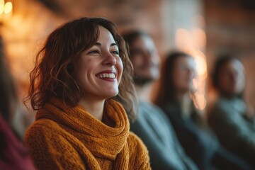 A cheerful woman with curly hair, wearing an orange scarf, attentively enjoys an indoor event with warm ambient lighting.