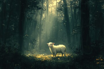 Wall Mural - A lone lamb stands in a serene forest, illuminated by soft rays of sunlight filtering through the trees, creating a mystical atmosphere