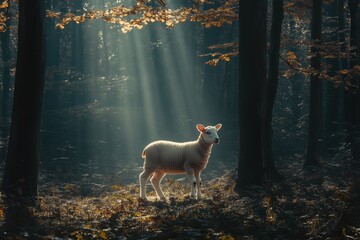 A tranquil scene featuring a lamb standing in a sunlit forest, surrounded by tall trees and softly illuminated by beams of light