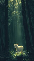 Wall Mural - A serene forest scene illuminated by soft sunlight, featuring a lone white lamb standing amidst lush greenery and tall trees, creating a peaceful and magical atmosphere.