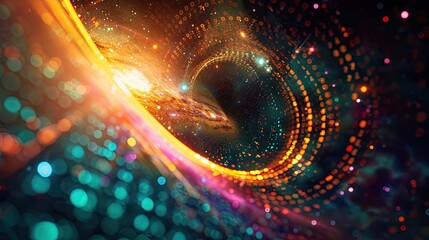 A vibrant abstract image showcasing swirling lights and particles, creating a mesmerizing sense of depth and motion.