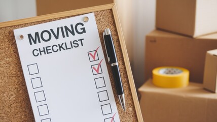 a moving checklist displayed on a corkboard with a pen beside it, surrounded by cardboard boxes and 