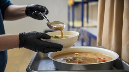 A person in gloves serving soup into a bowl from a larger pot, emphasizing food preparation and serving in a communal setting