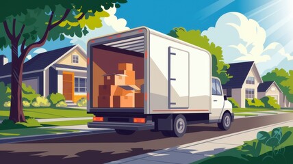 A moving truck is parked on a suburban street, surrounded by houses and greenery, with boxes visible in the truck's open rear.