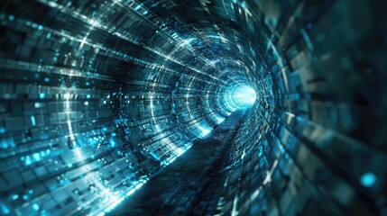 Poster - A mesmerizing tunnel of light and digital patterns, representing technology and innovation in a futuristic environment.