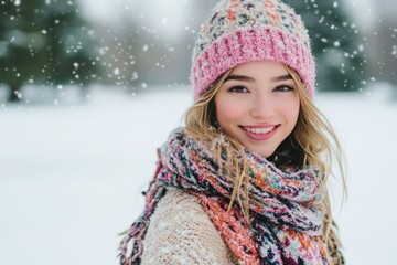 Smiling Woman in Pink Knit Hat and Scarf in Snowy Winter Scene