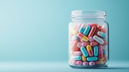 A close-up of a clear jar filled with various colorful capsules and pills set against a blue backdrop, symbolizing healthcare, remedy, and pharmaceutical products.