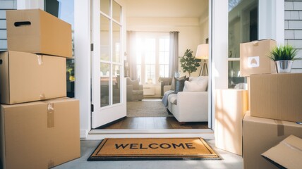 A welcoming entrance with moving boxes outside a cozy home, highlighted by natural light streaming through the open doors