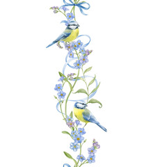 Seamless border of forget-me-nots with tit birds, decorated with a blue ribbon. Watercolor