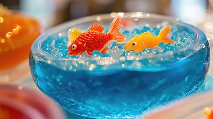 Jelly fishbowl dessert, with gummy fish inside and a blue gelatin