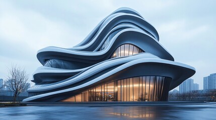 Bold and striking modern architecture, Smooth, undulating curves and dynamic angles seamlessly blend form and function, creating a harmonious blend of art and architecture.