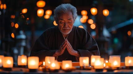 Solemn Buddhist Monk Lighting Candles at Obon Ceremony