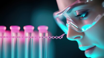 Poster - A laboratory setting with scientists examining DNA sequences of different viral strains, illustrating the study of viral evolution.