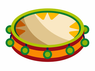 Tambourine. Percussion Musical instrument. A symbol of Mardi Gras, Brazilian carnival, festival. Flat decorative element. Vector illustration isolated on a white background
