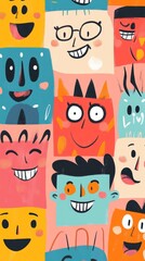 Wall Mural - A colorful drawing of many smiling faces