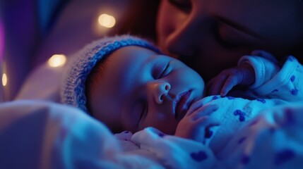 Wall Mural - A serene moment of a mother gently kissing her sleeping baby, surrounded by soft lighting.