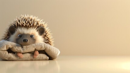 Wall Mural - A cute cartoon hedgehog curled up in a towel on a light brown background.