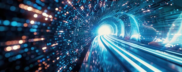 Poster - A futuristic tunnel illuminated by vibrant lights, symbolizing speed, technology, and advancement in a digital world.