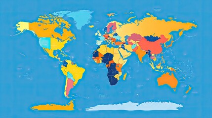  A bright and colorful map of the world, showcasing countries in unique shades for easy differentiation, set on a clean background.