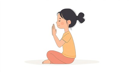 Cartoon girl doing yoga, white background, clip art style, cute and simple design with pastel colors, wearing leggings, on the floor in full length, side view, yoga pose with hands together in prayer 