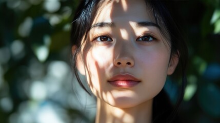 Sticker - Close-Up Portrait of Japanese Woman in Sunlight Shadows