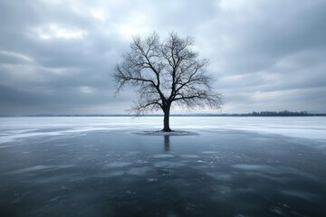 Solitary Tree on Frozen Lake Under Cloudy Sky