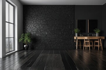 Wall Mural - Modern black interior empty room , table with chairs. Mock up.