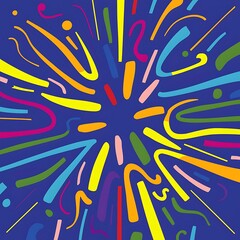 Top view of multicolored bright abstract lines on blue background