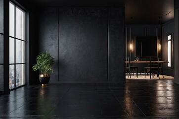 Wall Mural - Modern black interior empty room , table with chairs. Mock up.