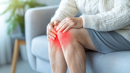 Elderly Woman Suffering from Knee Pain Sitting on Sofa in Living Room, Highlighted Pain Area, Health and Wellness Concept