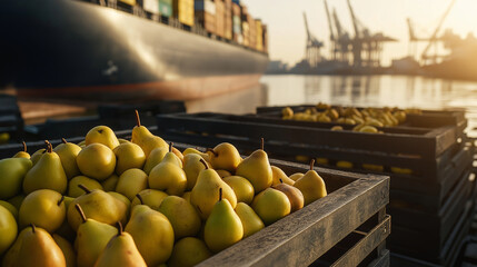 Crates of pears waiting near a cargo ship, ready for export to global markets.