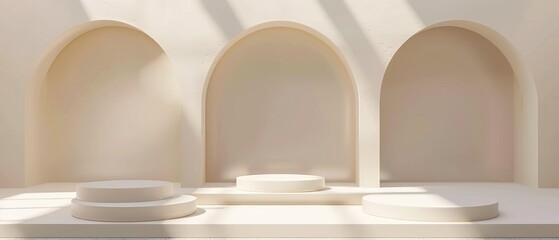 Poster - White Circular Platforms in a Minimalist Room with Arched Walls and Sunlight