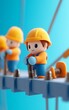 © MNFTs - A cheerful construction worker figurine tightening a screw with tools, set against a vibrant blue background.