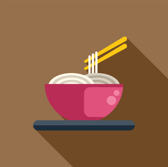 Wall Mural - Simple icon of a bowl of noodles being lifted by chopsticks, in flat design style with a long shadow