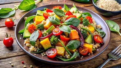 Fresh and nutritious salad with spinach, quinoa, and colorful roasted vegetables