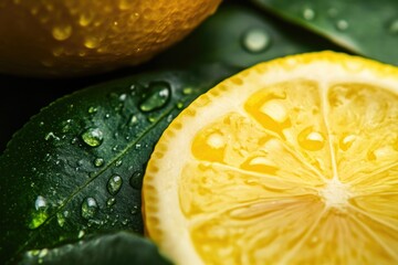 Poster - Freshly Cut Lemon with Leaf, Close-Up Detail