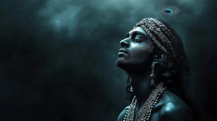 Krishna's divine form glowing against a pitch-black sky, with soft beams of light symbolizing his celestial influence.