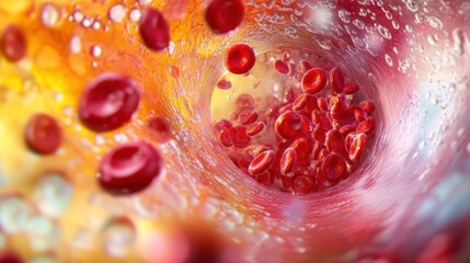 A closeup view of a single young erythrocyte with a large nucleus taking on a characteristic biconcave shape