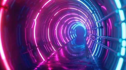 Poster - A mesmerizing futuristic tunnel illuminated by vibrant neon lights, creating an intriguing and surreal atmosphere.