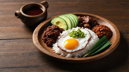 Wall Mural - filipino rice dish tapsilog isolated on a wooden plate, concept for advertisement background