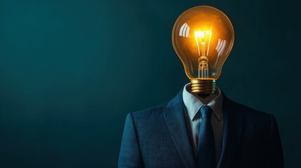 Closeup of a businessman in suit with a light bulb instead of a head on isolated yellow background with copy space, different and creative thinking concept