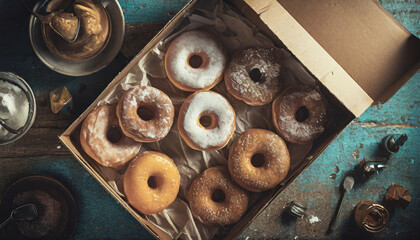 overhead shot: box of donuts